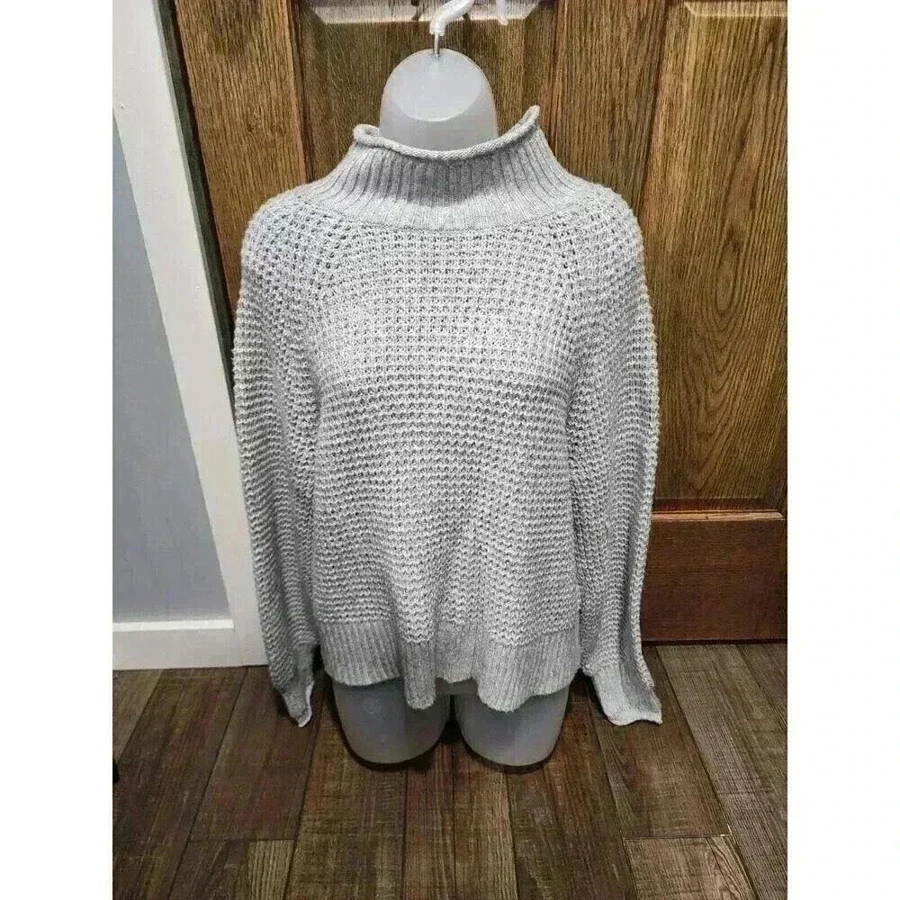 American Eagle Cropped Sweater Womens M Grey Pullover Turtleneck Casual Knit Top